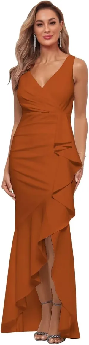 Women's Satin Bridesmaid Dresses for Wedding with Slit V Neck Pleated Formal Evening Gown