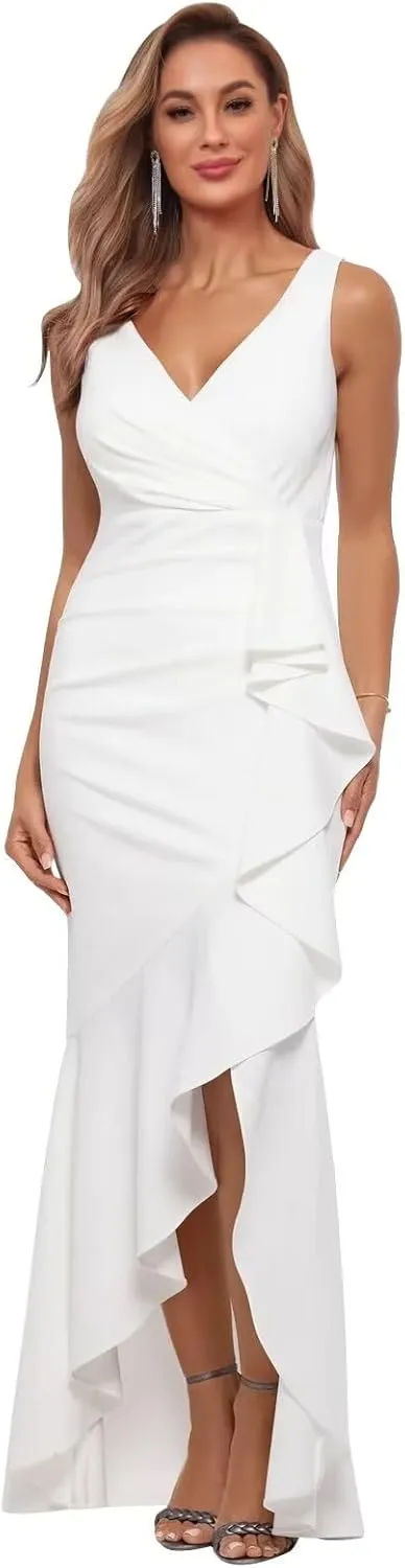 Women's Satin Bridesmaid Dresses for Wedding with Slit V Neck Pleated Formal Evening Gown