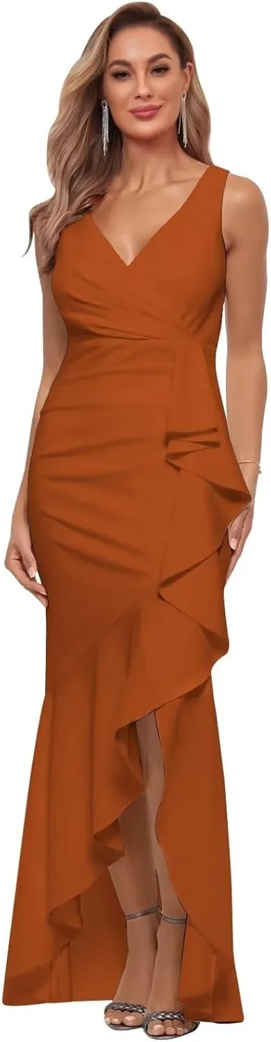 Women's Satin Bridesmaid Dresses for Wedding with Slit V Neck Pleated Formal Evening Gown
