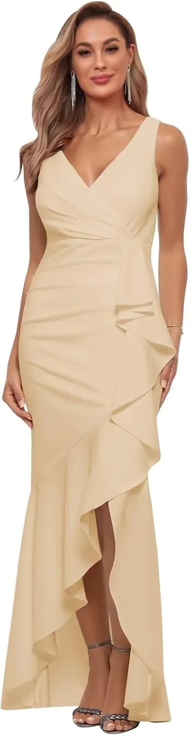 Women's Satin Bridesmaid Dresses for Wedding with Slit V Neck Pleated Formal Evening Gown