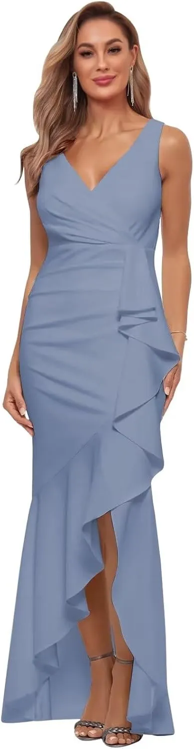 Women's Satin Bridesmaid Dresses for Wedding with Slit V Neck Pleated Formal Evening Gown