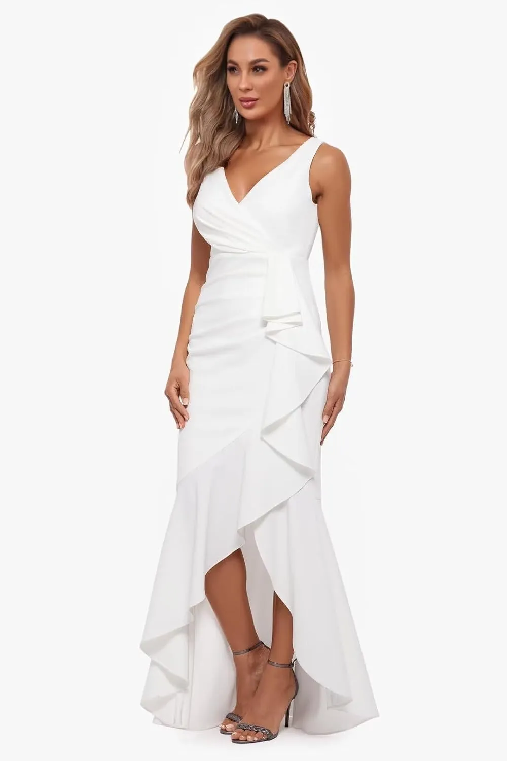 Women's Satin Bridesmaid Dresses for Wedding with Slit V Neck Pleated Formal Evening Gown