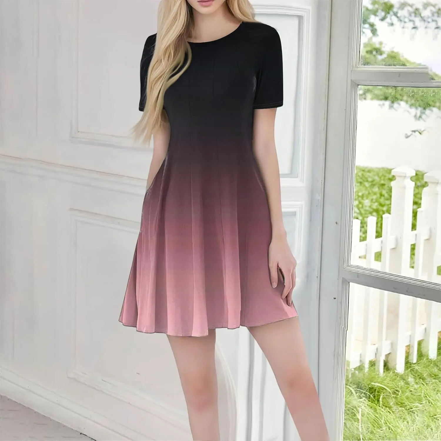 Womens Short Dresses Summer Mini Short Sleeve Scoop Neck Shirt Dress Pleated A Line Sexy Night Out Dresses