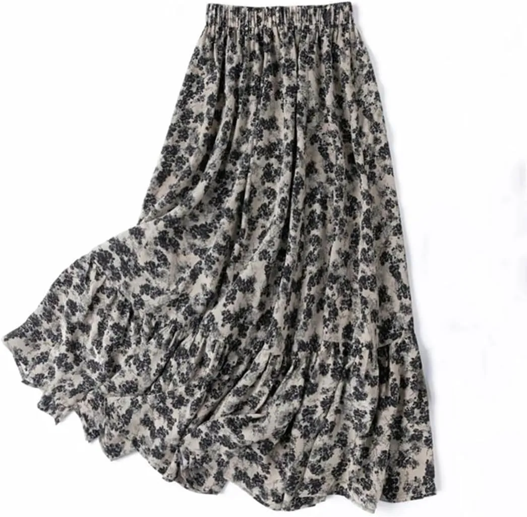 Women's Silk Printed Midi Skirt, Summer Non-Elastic Beach A-Line Skirt