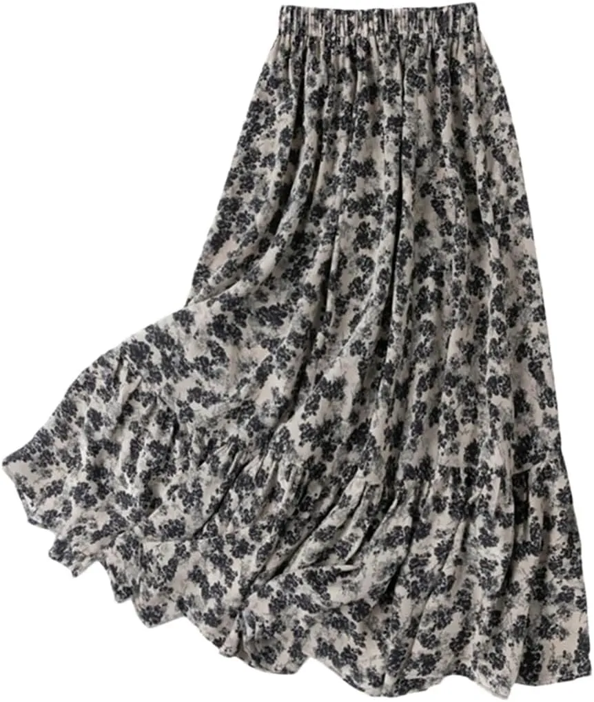 Women's Silk Printed Midi Skirt, Summer Non-Elastic Beach A-Line Skirt