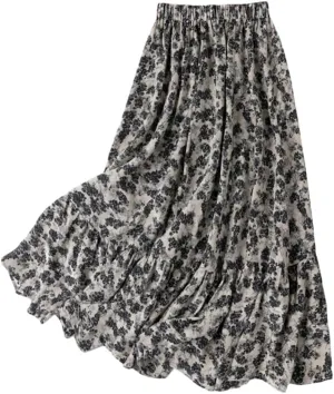 Women's Silk Printed Midi Skirt, Summer Non-Elastic Beach A-Line Skirt
