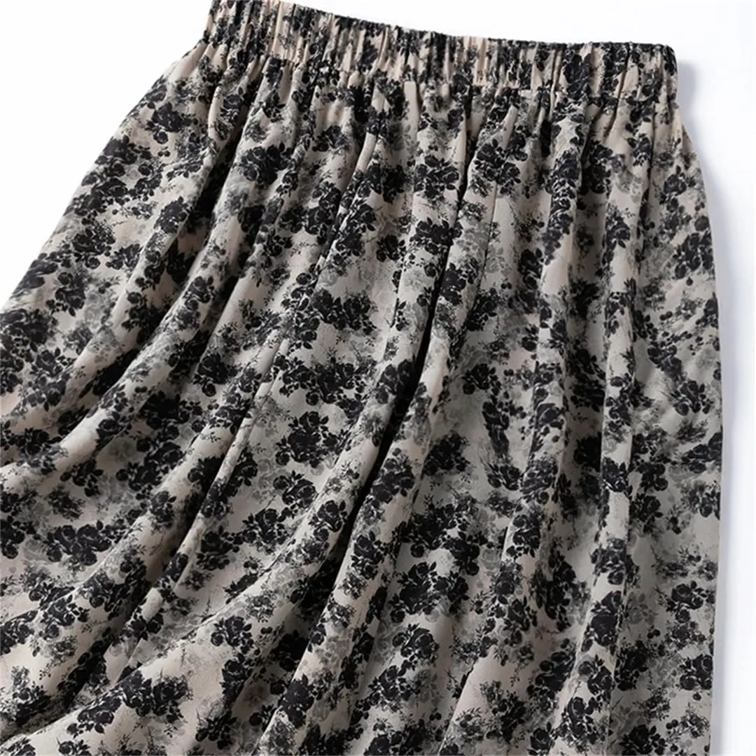 Women's Silk Printed Midi Skirt, Summer Non-Elastic Beach A-Line Skirt