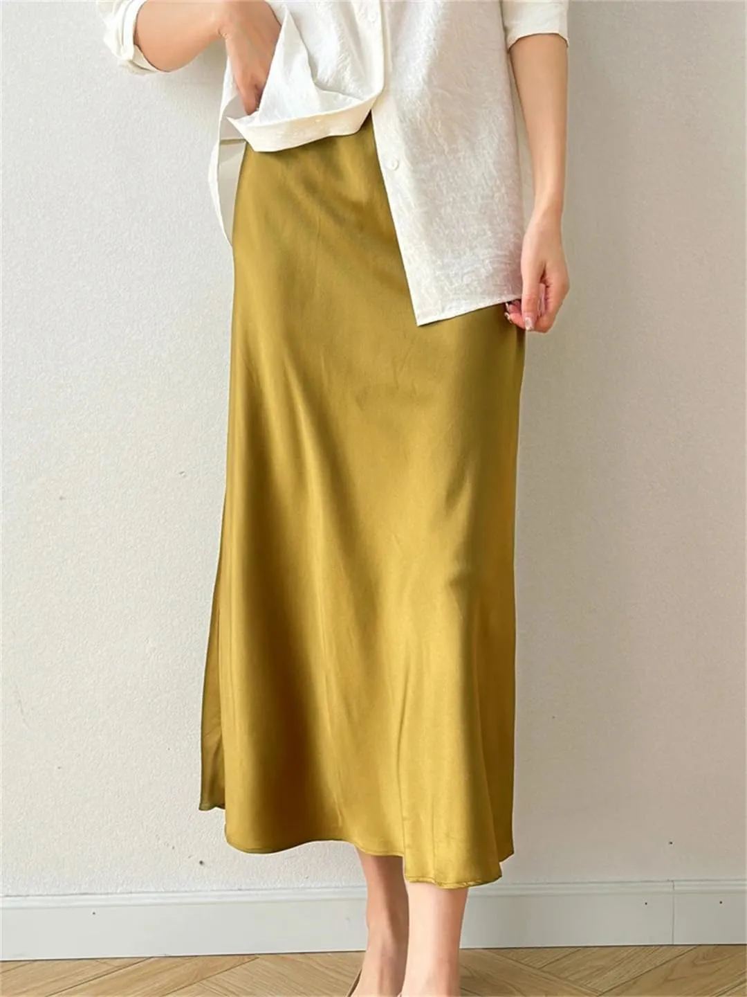 Women's Silk Skirt Solid Color Elastic Waist Mermaid Skirt Lightweight Midi Skirt