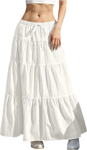 Womens Summer Boho Flowy Swing Tiered A-Line Maxi Skirt 2025 Trendy Elastic Waist Tie Ruffle Pleated Beach Dress