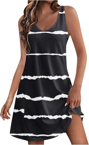 Womens Summer Dresses 2025 Trendy Printed Sleeveless Vacation Midi Dresses Casual Boho Beach Dress with Pockets