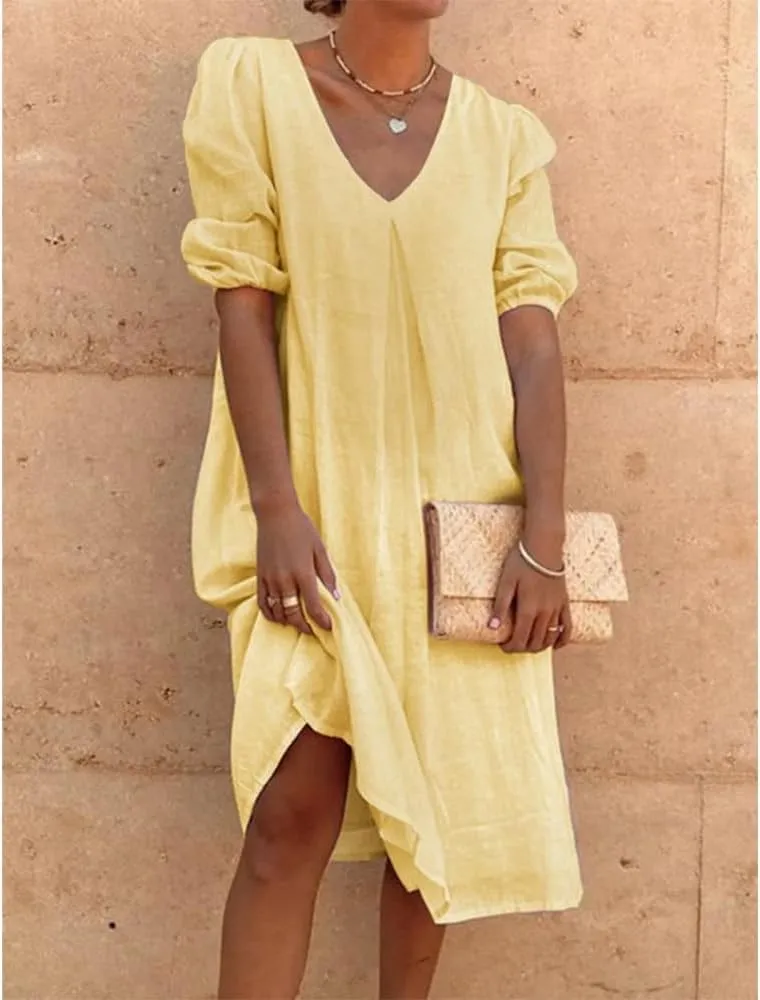 Women's Summer Linen Midi Dress Casual V Neck Dresses Summer Beach Plus Size Flowy Beach Long Dress 2024 S-3XL