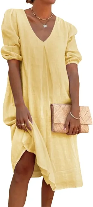 Women's Summer Linen Midi Dress Casual V Neck Dresses Summer Beach Plus Size Flowy Beach Long Dress 2024 S-3XL