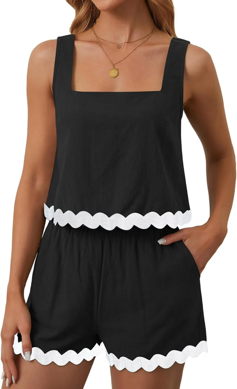 Womens Summer Outfits Two Piece Sets 2024 Vacation Beach Cruise Linen Square Neck Cropped Tank Top High Waist Shorts Sets