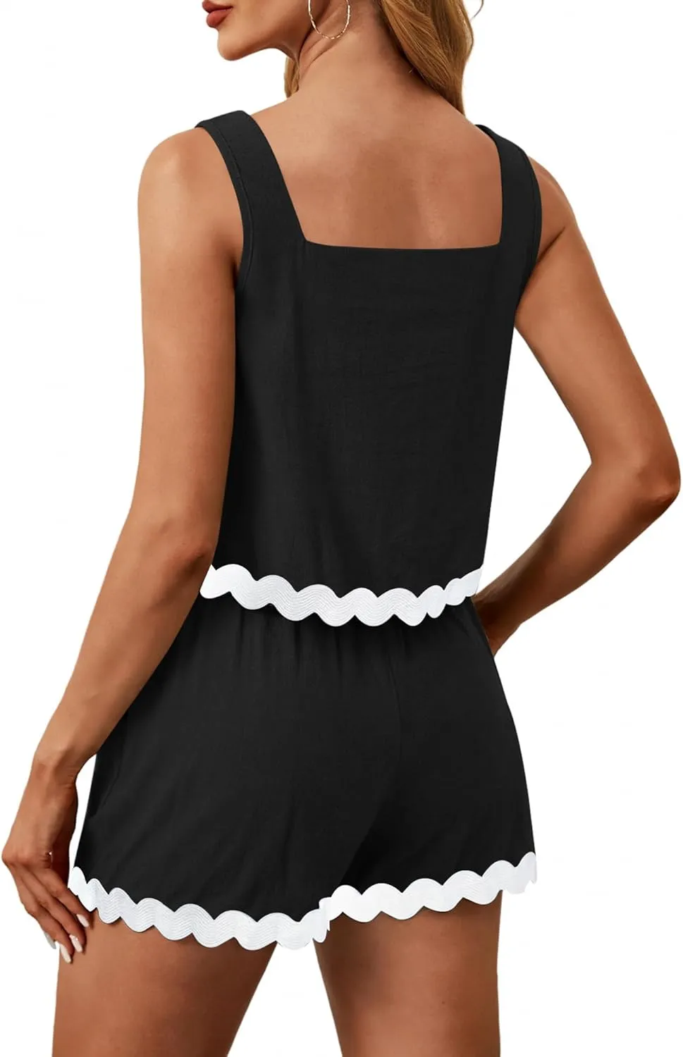 Womens Summer Outfits Two Piece Sets 2024 Vacation Beach Cruise Linen Square Neck Cropped Tank Top High Waist Shorts Sets