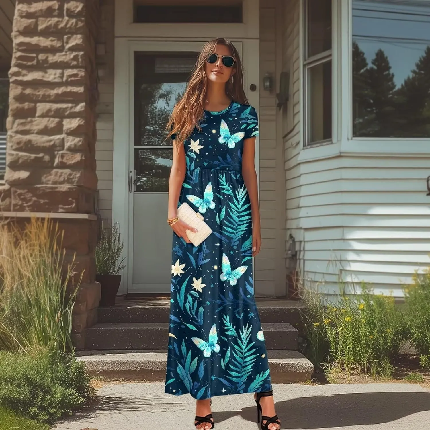 Women's Summer Short Sleeve Maxi Dresses with Pockets Crew Neck A-Line Casual Dress Beach Vacation Long Sundresses
