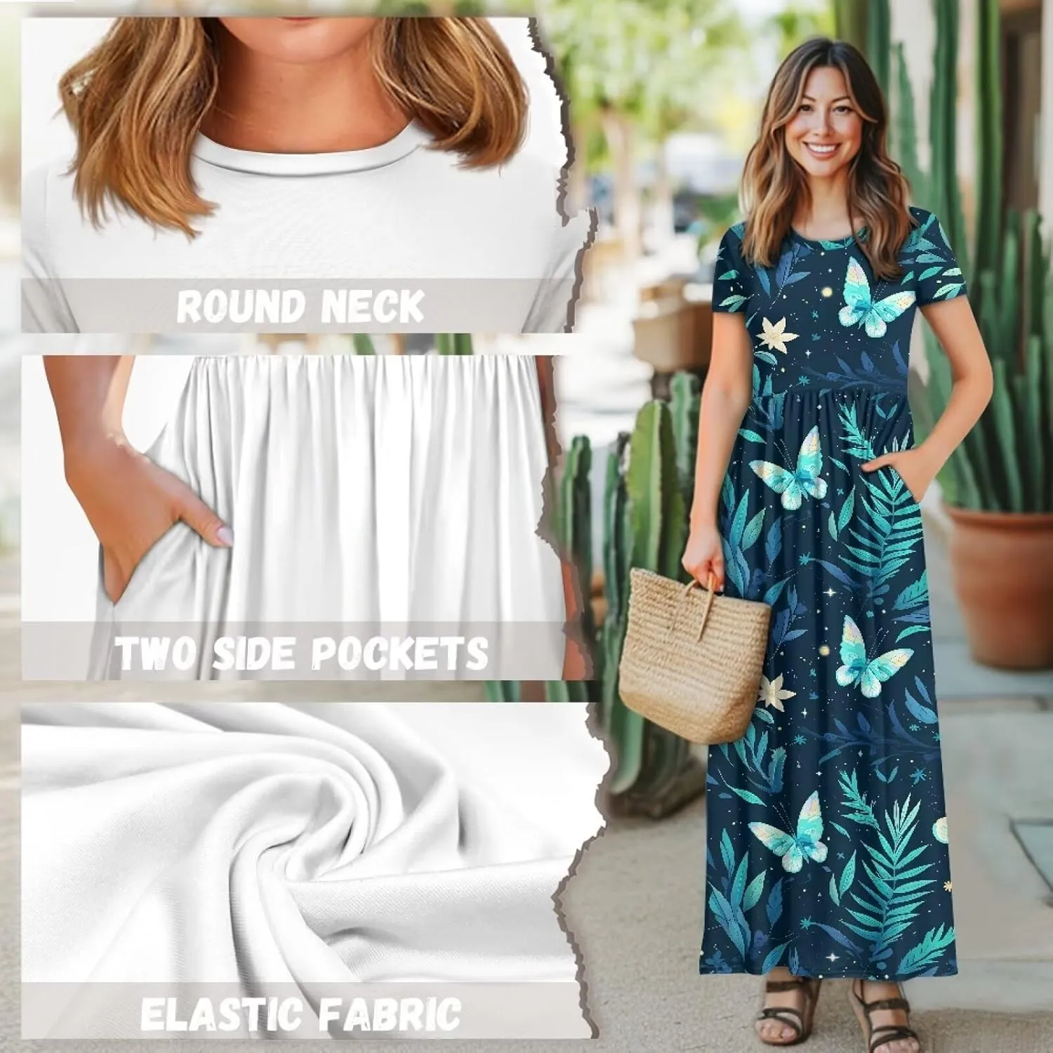 Women's Summer Short Sleeve Maxi Dresses with Pockets Crew Neck A-Line Casual Dress Beach Vacation Long Sundresses