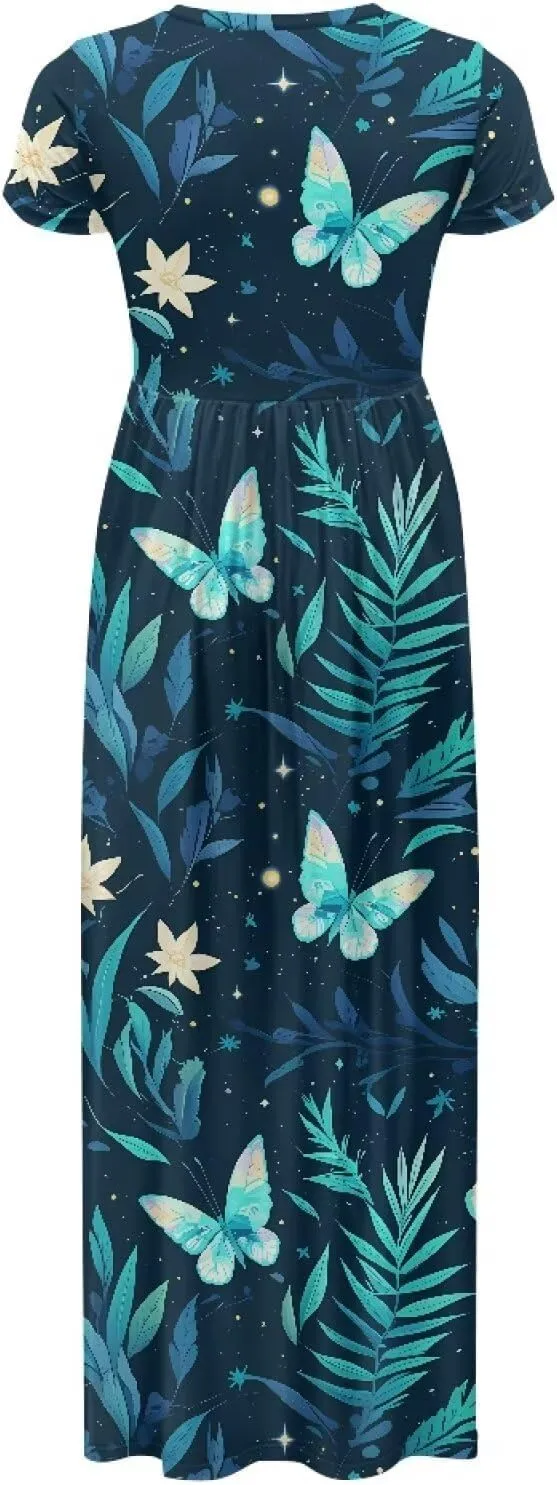 Women's Summer Short Sleeve Maxi Dresses with Pockets Crew Neck A-Line Casual Dress Beach Vacation Long Sundresses