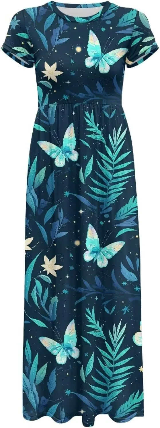 Women's Summer Short Sleeve Maxi Dresses with Pockets Crew Neck A-Line Casual Dress Beach Vacation Long Sundresses