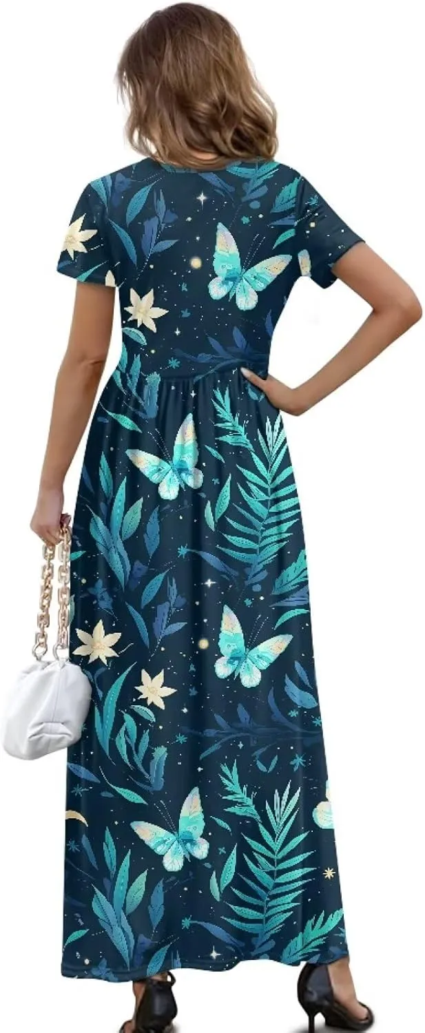 Women's Summer Short Sleeve Maxi Dresses with Pockets Crew Neck A-Line Casual Dress Beach Vacation Long Sundresses