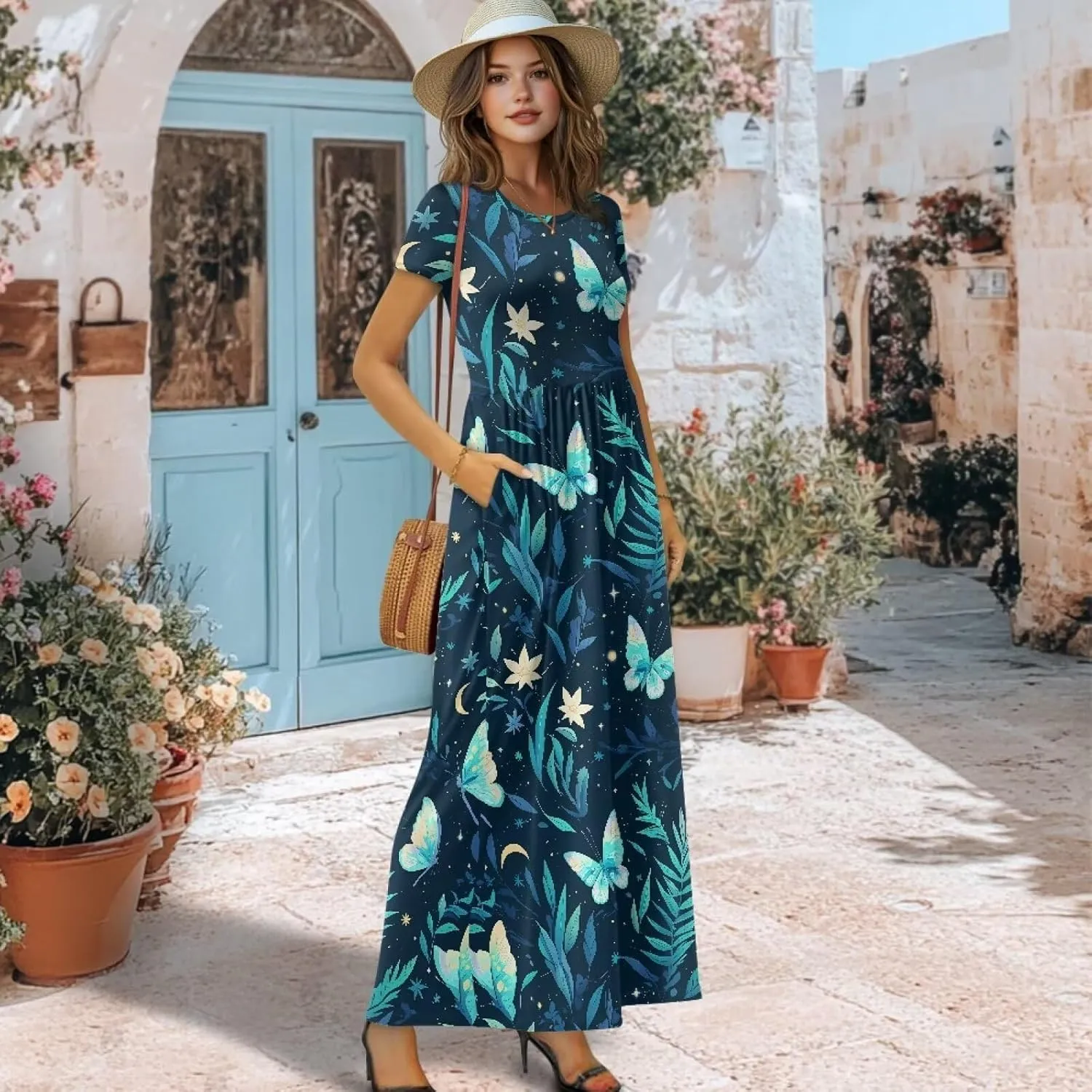 Women's Summer Short Sleeve Maxi Dresses with Pockets Crew Neck A-Line Casual Dress Beach Vacation Long Sundresses