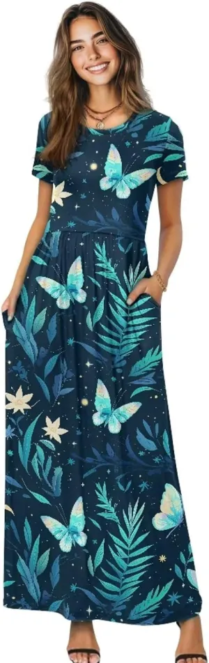 Women's Summer Short Sleeve Maxi Dresses with Pockets Crew Neck A-Line Casual Dress Beach Vacation Long Sundresses