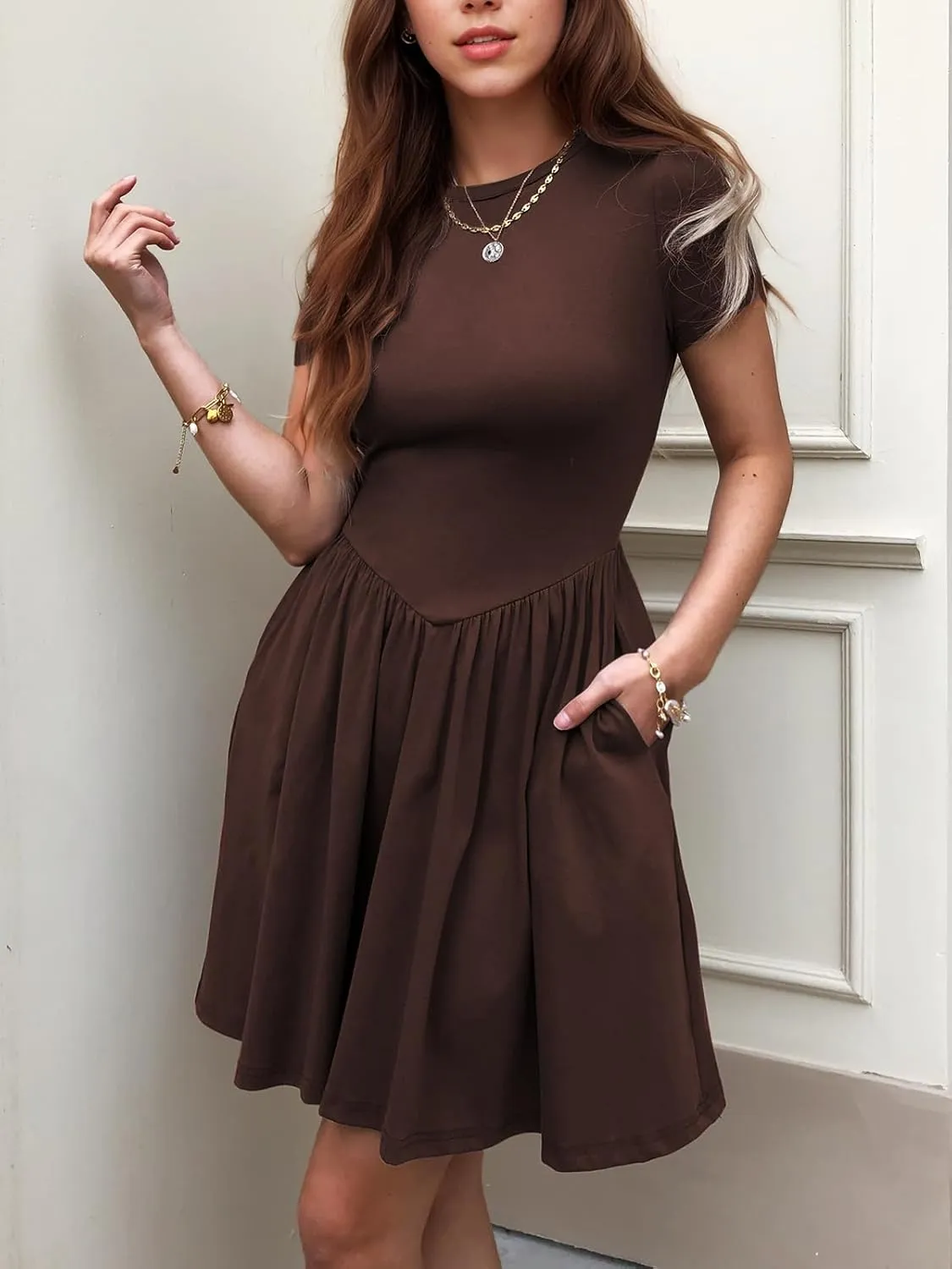 Womens Summer T Shirt Dress Short Sleeve Casual Mini Dresses Drop Waist Swing A Line Dress with Pockets