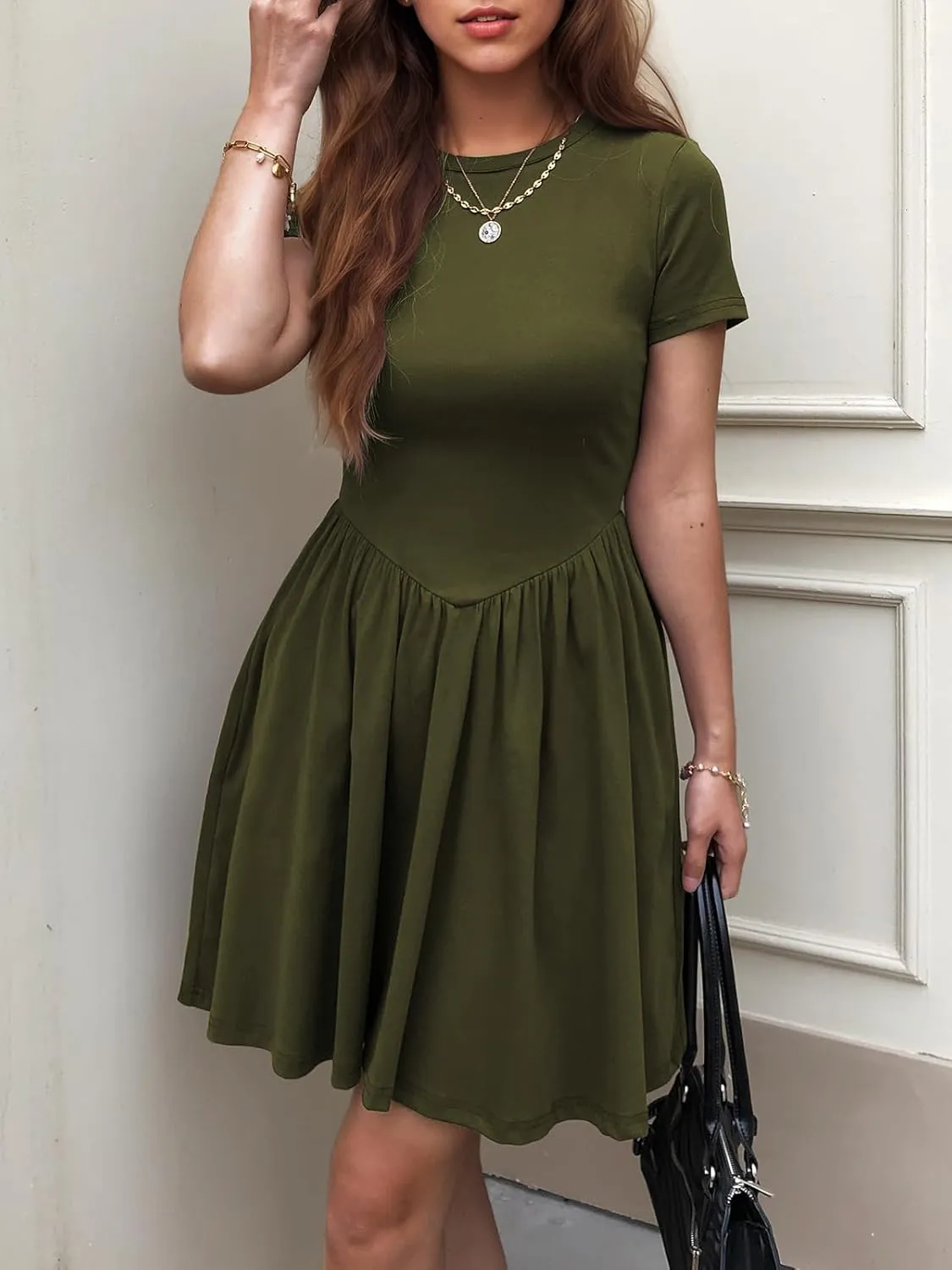 Womens Summer T Shirt Dress Short Sleeve Casual Mini Dresses Drop Waist Swing A Line Dress with Pockets