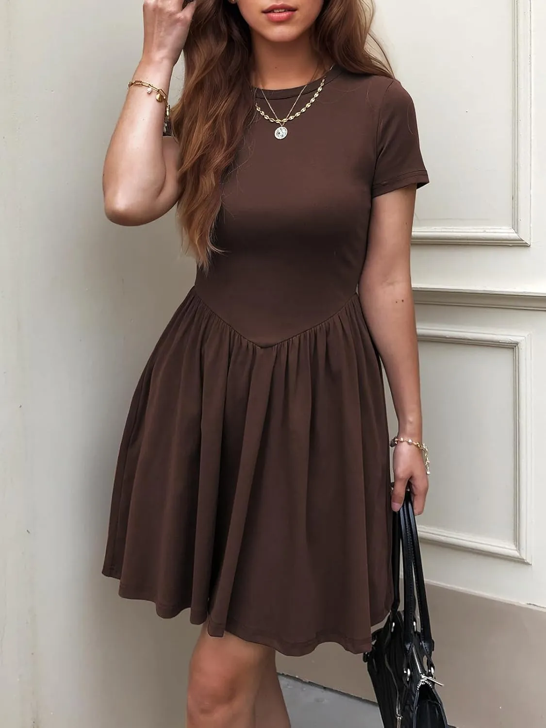 Womens Summer T Shirt Dress Short Sleeve Casual Mini Dresses Drop Waist Swing A Line Dress with Pockets