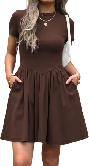 Womens Summer T Shirt Dress Short Sleeve Casual Mini Dresses Drop Waist Swing A Line Dress with Pockets