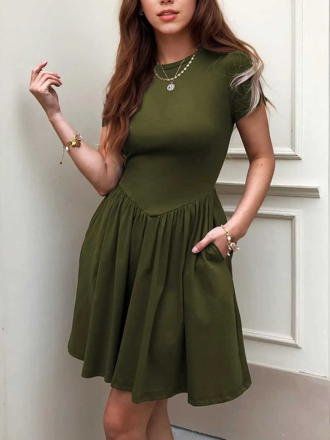 Womens Summer T Shirt Dress Short Sleeve Casual Mini Dresses Drop Waist Swing A Line Dress with Pockets