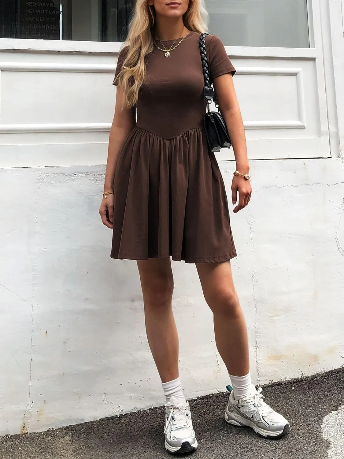 Womens Summer T Shirt Dress Short Sleeve Casual Mini Dresses Drop Waist Swing A Line Dress with Pockets