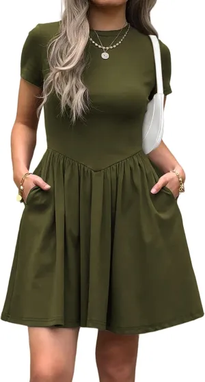 Womens Summer T Shirt Dress Short Sleeve Casual Mini Dresses Drop Waist Swing A Line Dress with Pockets