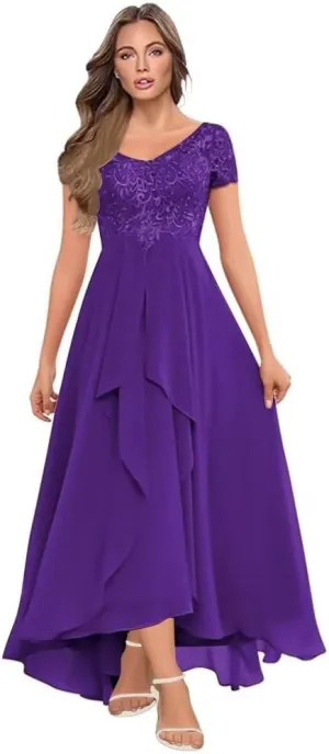 Women's Tea Length Mother of The Bride Dresses for Wedding Short Sleeves Lace Chiffon Formal Evening Gowns