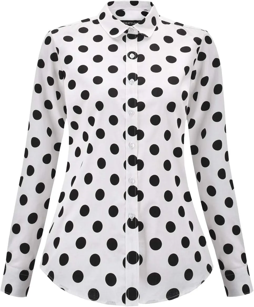 Women's Tops Feminine Long Sleeve Polka Dotted Button Down Casual Dress Blouses Shirts