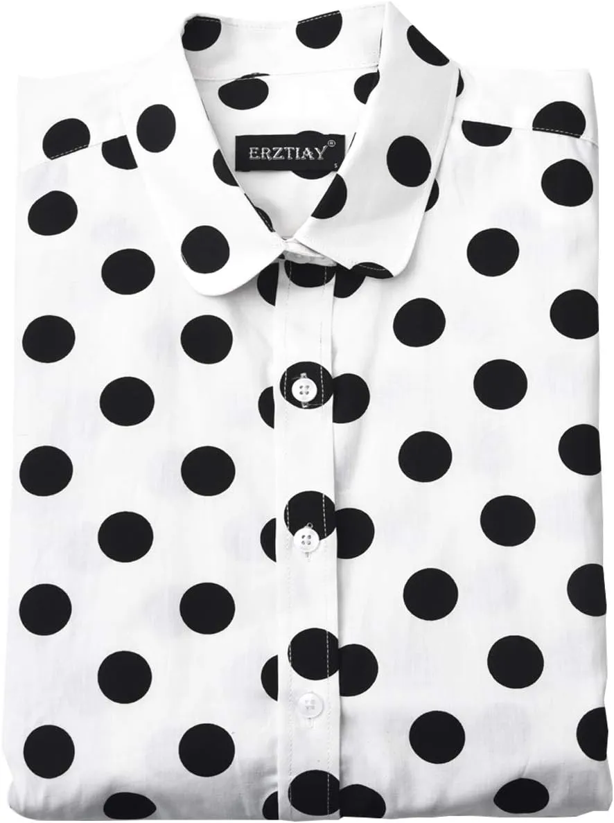Women's Tops Feminine Long Sleeve Polka Dotted Button Down Casual Dress Blouses Shirts
