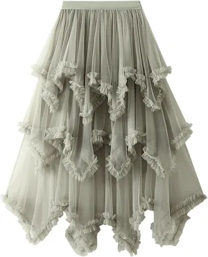 Womens Tulle Midi Skirt High Elastic Waist A-Line Mesh Elegant Long Irregular Layered Pleated Fairy Skirts for Party