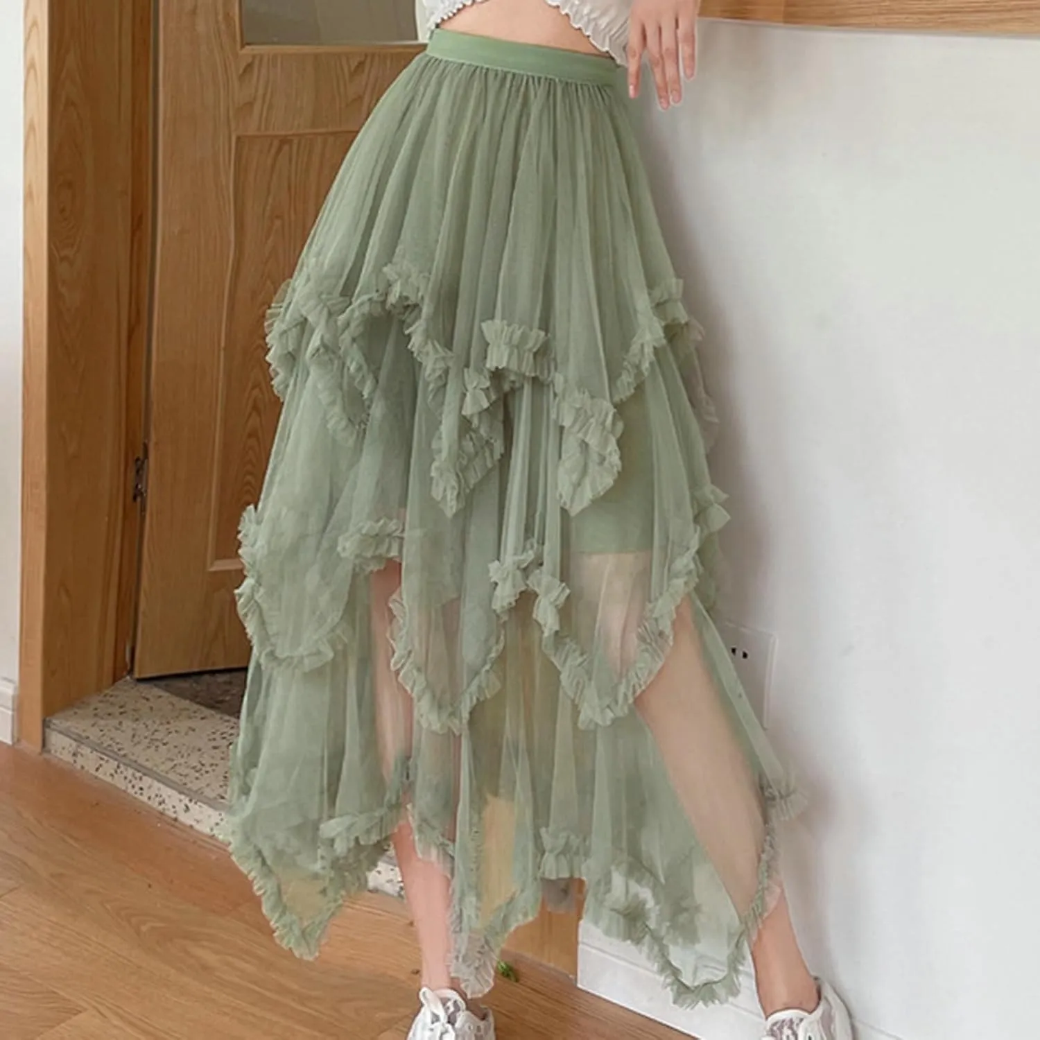 Womens Tulle Midi Skirt High Elastic Waist A-Line Mesh Elegant Long Irregular Layered Pleated Fairy Skirts for Party