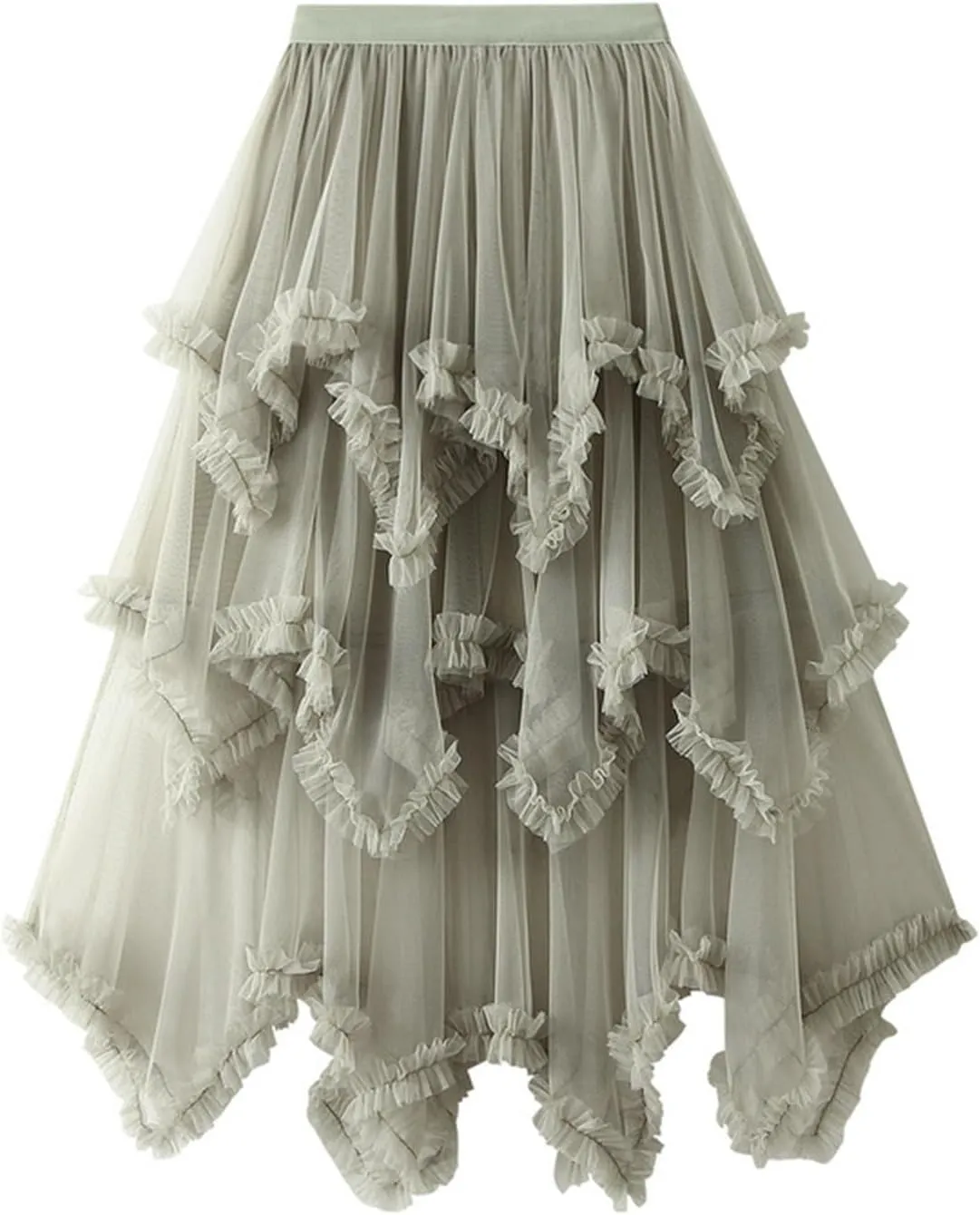 Womens Tulle Midi Skirt High Elastic Waist A-Line Mesh Elegant Long Irregular Layered Pleated Fairy Skirts for Party