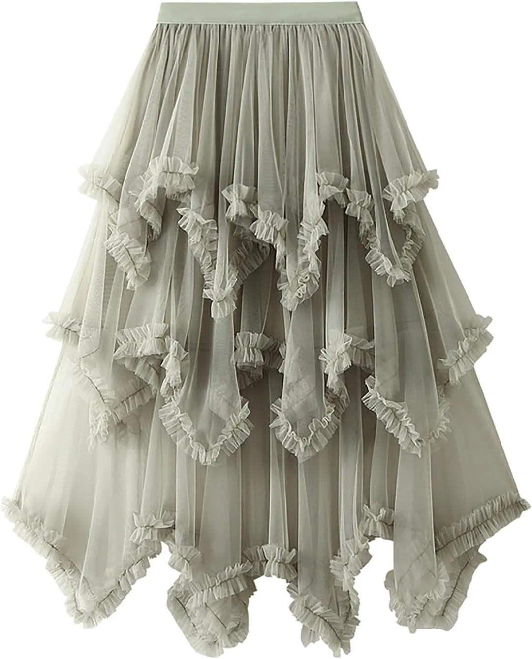 Womens Tulle Midi Skirt High Elastic Waist A-Line Mesh Elegant Long Irregular Layered Pleated Fairy Skirts for Party