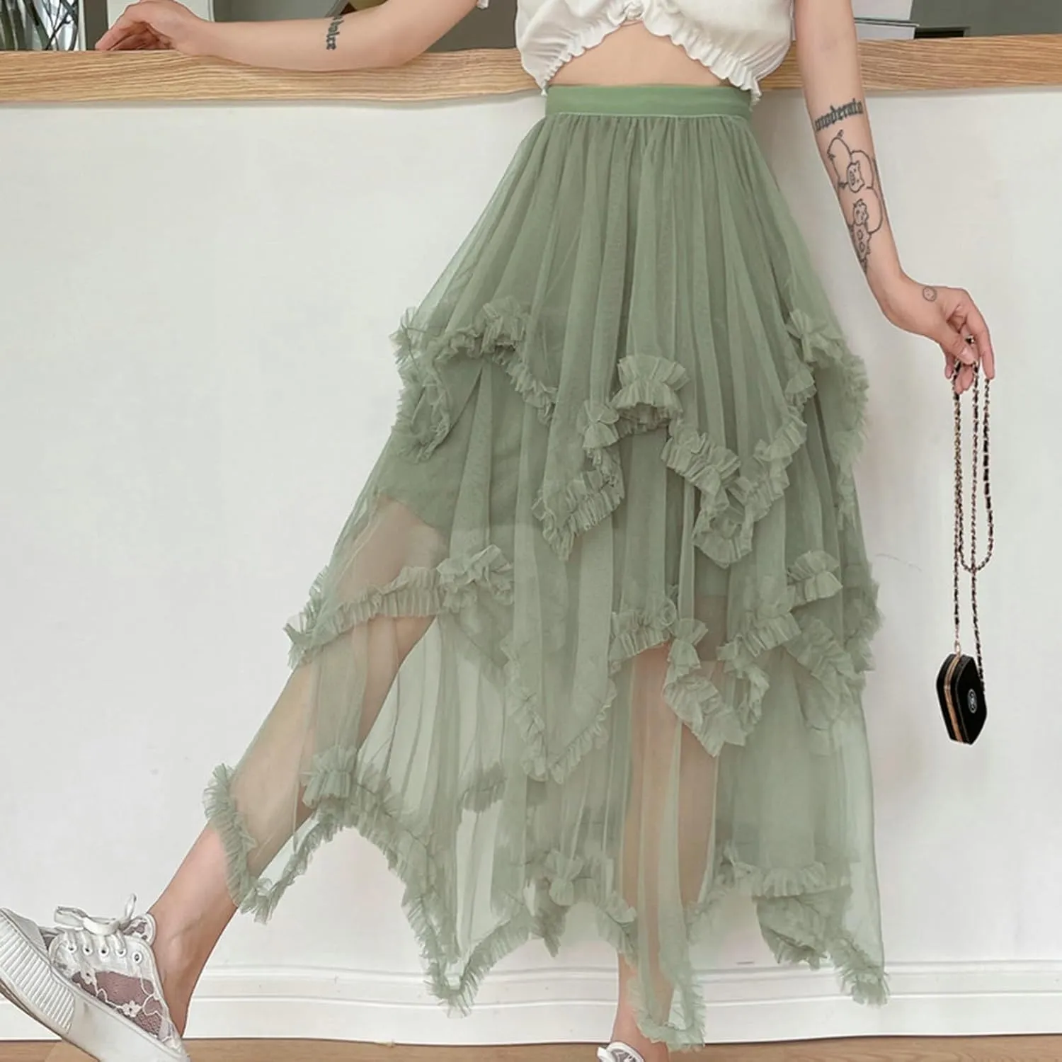 Womens Tulle Midi Skirt High Elastic Waist A-Line Mesh Elegant Long Irregular Layered Pleated Fairy Skirts for Party