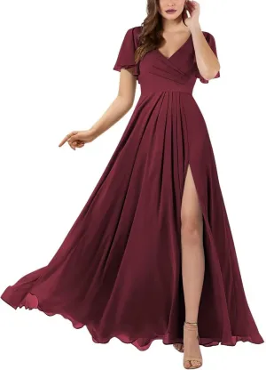 Women's V Neck Bridesmaid Dresses with Sleeves 2025 Long A-Line Chiffon Wedding Formal Evening Gown with Pockets
