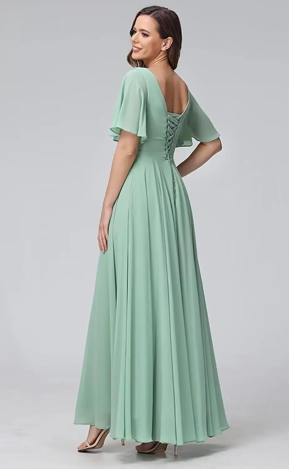 Women's V Neck Bridesmaid Dresses with Sleeves 2025 Long A-Line Chiffon Wedding Formal Evening Gown with Pockets