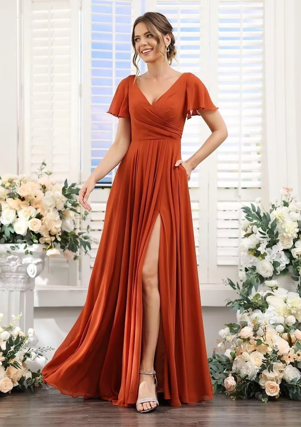 Women's V Neck Bridesmaid Dresses with Sleeves 2025 Long A-Line Chiffon Wedding Formal Evening Gown with Pockets