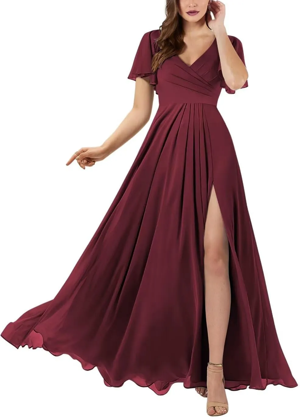 Women's V Neck Bridesmaid Dresses with Sleeves 2025 Long A-Line Chiffon Wedding Formal Evening Gown with Pockets