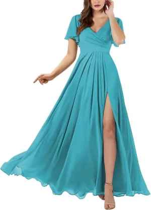 Women's V Neck Bridesmaid Dresses with Sleeves 2025 Long A-Line Chiffon Wedding Formal Evening Gown with Pockets