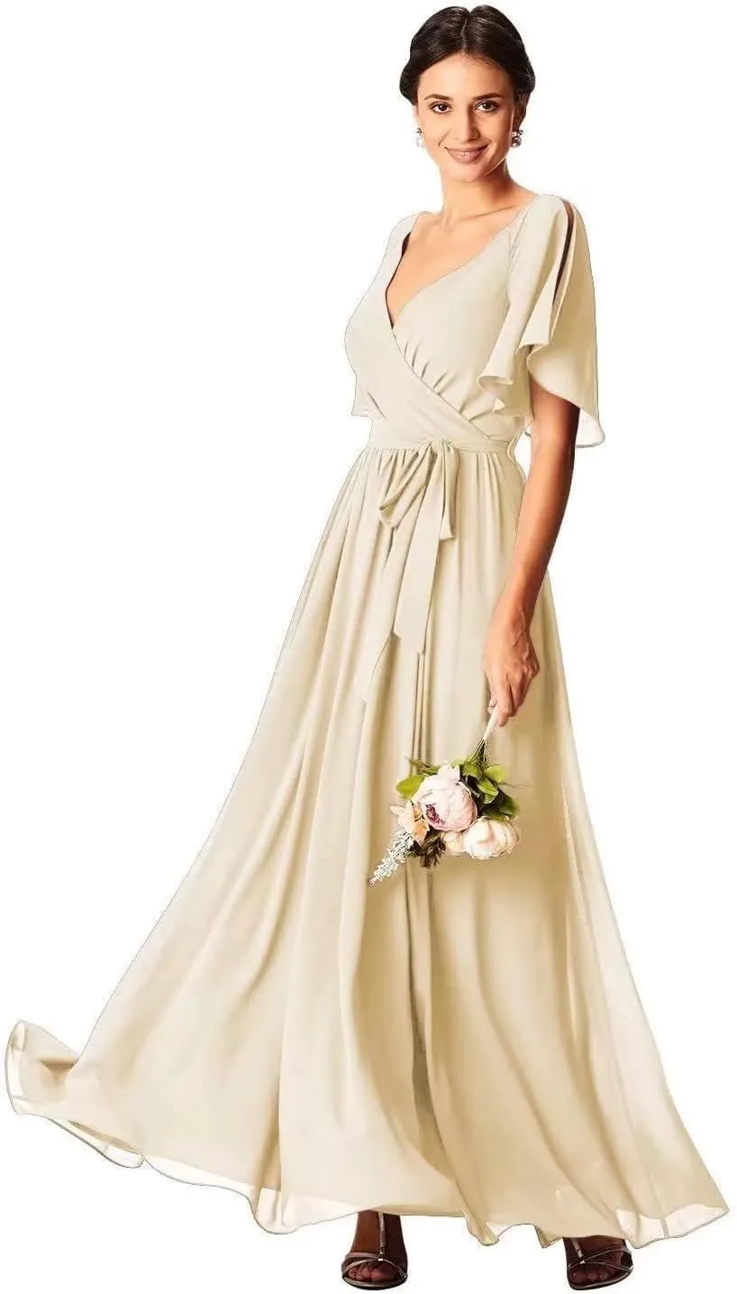 Womens V Neck Ruffle Bridesmaid Chiffon Prom Dress Mother of The Bride Dresses A-line Formal Evening Party Gown