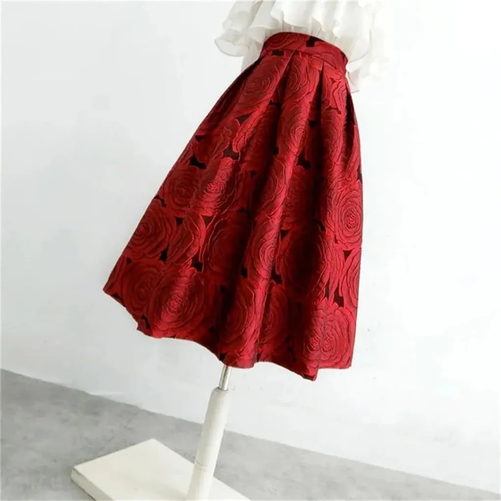 Womens Vintage Elegant Skirts Jacquard High-Waisted Long Midi Pleated Skirt