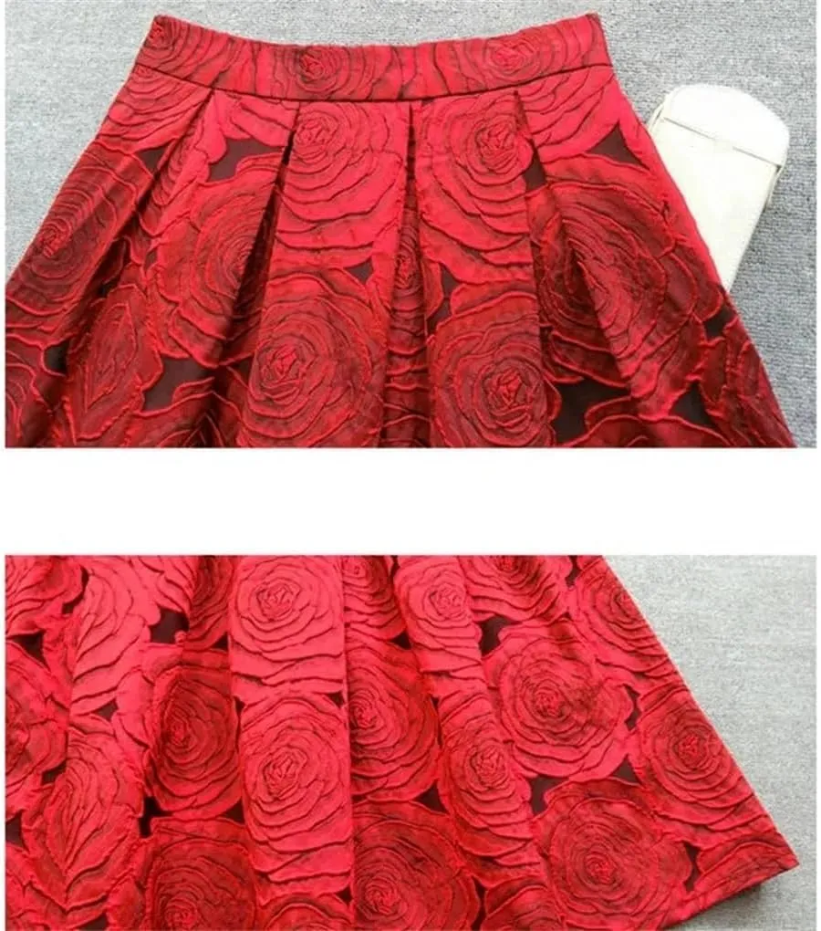 Womens Vintage Elegant Skirts Jacquard High-Waisted Long Midi Pleated Skirt