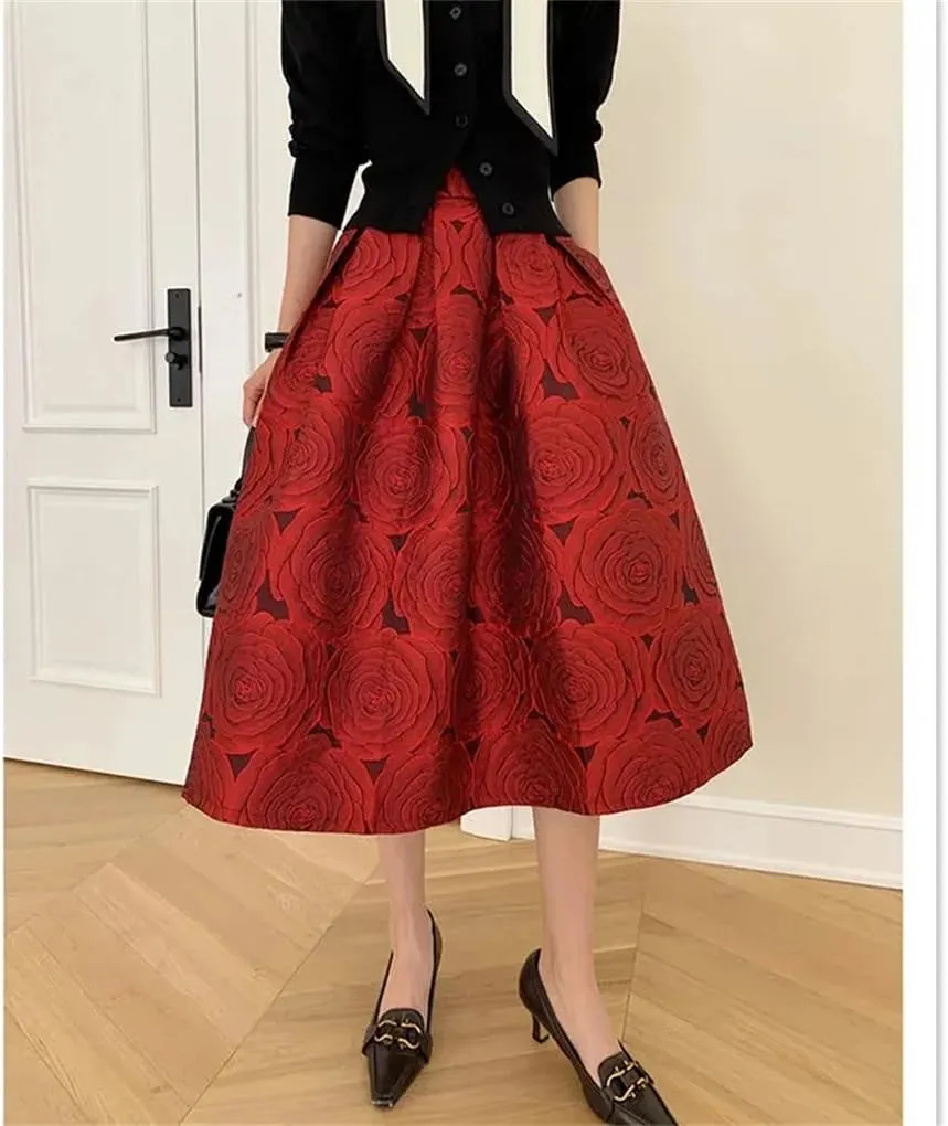Womens Vintage Elegant Skirts Jacquard High-Waisted Long Midi Pleated Skirt
