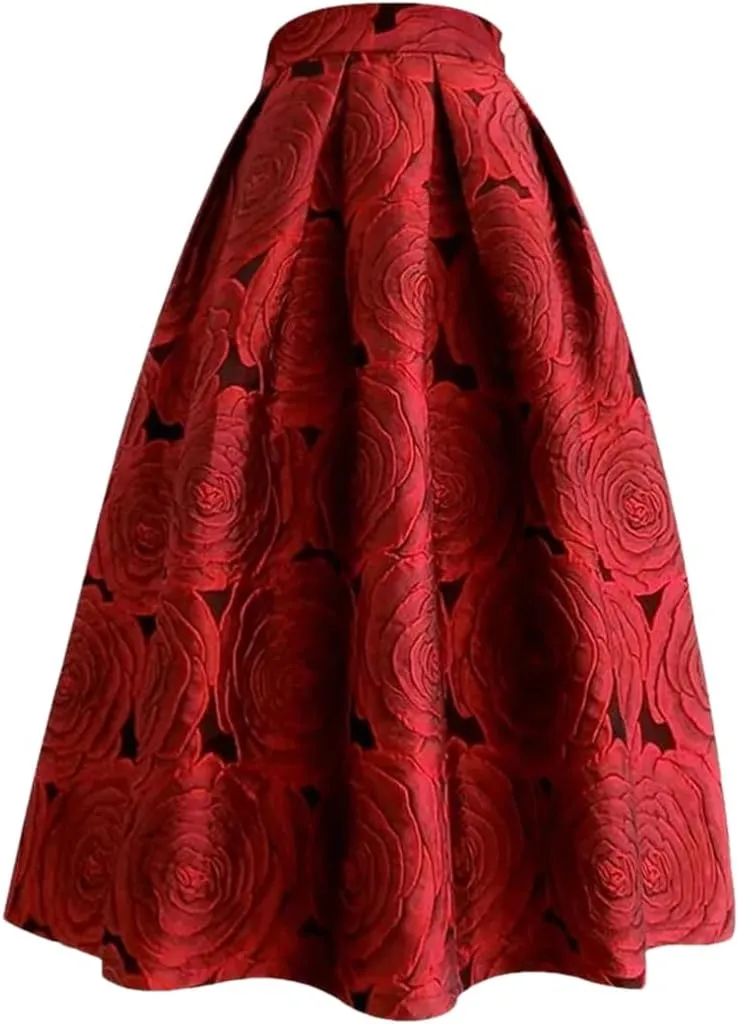 Womens Vintage Elegant Skirts Jacquard High-Waisted Long Midi Pleated Skirt
